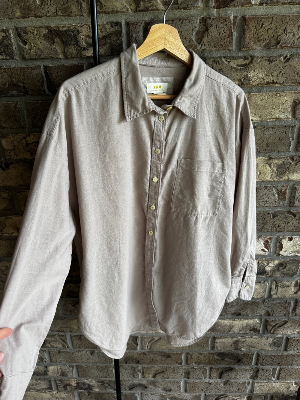 Maeve Bennett Button Down Linen Shirt Womens S Tan Long Sleeve Side Slits - Picture 7 of 12
